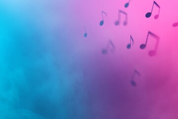 Poster - Vibrant abstract design showcases colorful music notes and clefs cascading over a glowing teal and magenta gradient background, offering ample copy space