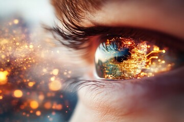 Poster - A detailed single eye showcases a blend of organic designs and circuit patterns, expressing themes of perception and technology against a neutral background