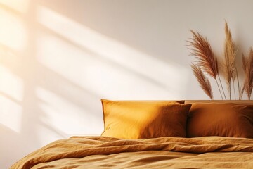 Poster - Rustic wooden bed in a minimalistic Scandinavian loft bedroom, illuminated by soft natural light, with plenty of open space for text or design elements