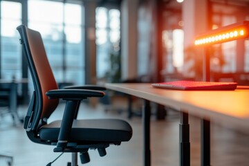 Poster - Empty ergonomic chair sits next to a wheelchair by a sleek desk, with soft natural light streaming through large windows, creating an inviting workspace