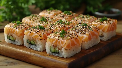 Wall Mural - Salmon sushi rolls on wooden board.