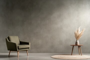 Poster - A minimalist living room showcases an olive-green armchair and a small round side table with a ceramic vase holding pampas grass, set on a textured beige rug