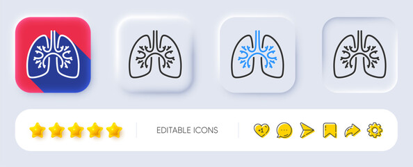 Wall Mural - Lungs line icon. Neumorphic, Flat shadow, 3d buttons. Pneumonia disease sign. Respiratory distress symbol. Line lungs icon. Social media icons. Vector