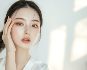 Aufkleber - 美肌の若くて綺麗なアジア人女性モデルの美容ポートレート。頬に手を当てるポーズをしている。