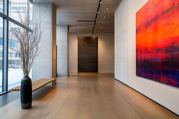 Aufkleber - This spacious hallway features a wooden bench, a tall vase with dried branches, and a striking abstract painting against a light gray wall
