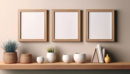 Wall Mural - Three blank picture frames wall art posters on a wooden shelf with decorative items mockup