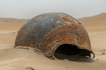 Ancient bronze helmet in sunlit desert sand. AI generated