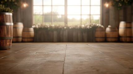 Aufkleber - A rustic brewing station captures warm light streaming through barn windows, highlighting a copper kettle surrounded by wooden barrels and hops