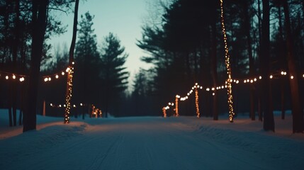 Aufkleber - A winding road through a winter forest features glowing garlands on Christmas trees, creating a festive and peaceful holiday ambiance surrounded by snow
