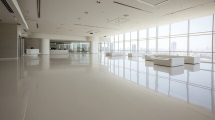 Leinwandbilder - Bright and open hotel lobby showcases glossy marble floors and modern white furnishings with large glass walls allowing ample natural light to stream in