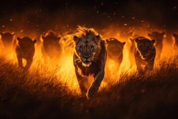 majestic lion pride stalking through golden savanna at sunset, dust particles illuminated, dramatic 