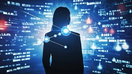 Wall Mural - data visionary: silhouette of a woman standing before a dynamic backdrop of flowing data streams and
