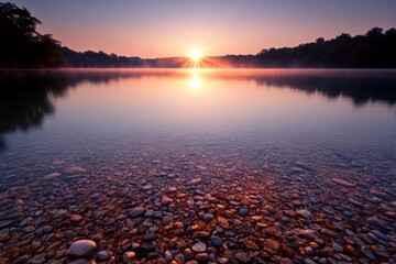 Poster - Warm hues of a sunset cast a vibrant glow over a peaceful lake, illuminating rocky shorelines and creating a serene atmosphere perfect for reflection