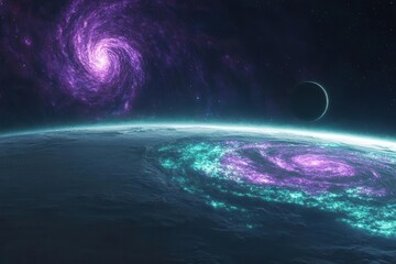 Wall Mural - majestic spiral galaxy with iridescent purple and turquoise nebulae, cosmic dust clouds illuminated by distant stars, planet rising over celestial horizon, deep space exploration scene