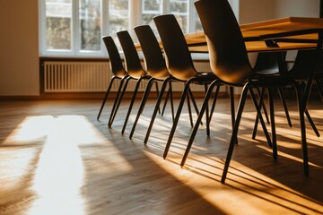 Poster - Sunlight fills an empty conference room with a long wooden table and chairs, creating dynamic shadows across the floor. This spacious setting offers tranquility