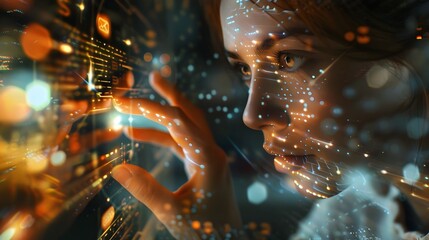 Attractive Female Programmer Crafting Futuristic Software with Digital Energy for Enhanced Cyber Security
