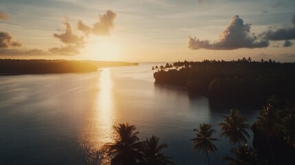 Poster - Golden sunlight bathes the tranquil ocean as the sun sets behind jagged cliffs, with palm trees standing tall in the foreground, creating a serene atmosphere