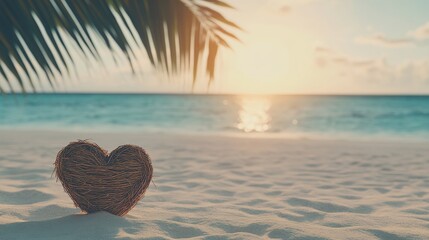 Wall Mural - Tropical Beach Sunset with Woven Heart Symbol