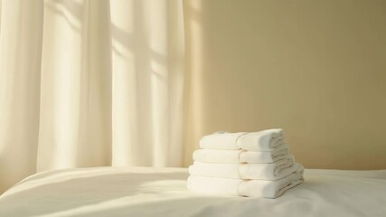 Aufkleber - Sunlight illuminates a stack of white towels on a bed, creating a serene and inviting atmosphere in a hotel room, perfect for showcasing hospitality and relaxation