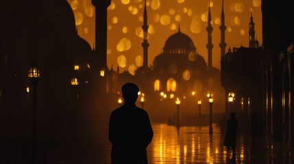 A serene Ramadan evening with a person praying outdoors, with a crescent moon and lanterns glowing in the background