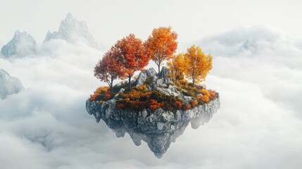 Sticker - A whimsical floating island with rocky mountains and colorful autumn trees, surrounded by soft clouds and a white background