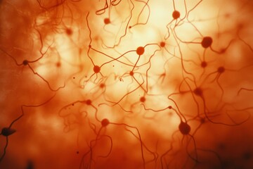 Fototapete - Interconnected neurons and synapses glow against a dark background, illustrating the intricate web of communication within the nervous system and inviting contemplation