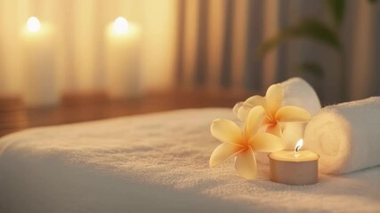 Poster - Warm lighting illuminates a massage table draped with a white towel, adorned with frangipani flowers and a burning candle, creating a serene spa atmosphere