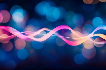 Fototapete - Futuristic neon pink and blue wave lines glow against a dark background, complemented by soft bokeh lights that enhance the data transfer theme while offering copy space