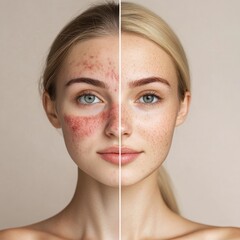 Fototapete - comparison of acne and redness versus smooth glowing skin with space for text above. generative ai