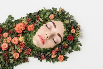 Canvas Print - Serene beauty portrait surrounded by vibrant flowers and greenery, showcasing organic beauty, tranquility, and nature s elegance, ideal for wellness concepts