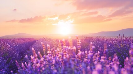 Wall Mural - A field of lavender blooms at sunset.