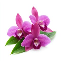 Canvas Print - Close-up of a stunning purple orchid flower and its green leaves, set on a white background