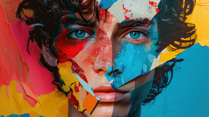 Poster - Abstract collage of young man with vibrant colors and modern art techniques, creating striking portrait that captivates viewer attention and imagination