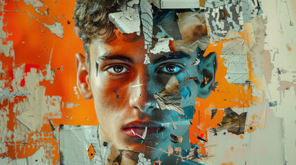 Poster - Abstract collage of young man with modern art techniques and paper compositions, creating striking portrait with vibrant colors and textures