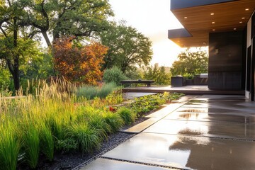 modern sustainable garden with geometric drip system, morning dew, vibrant organic produce, soft natural lighting