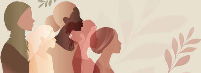 Wall Mural - Group silhouette of multicultural women. Women s history month. International women s day. Banner copy space. Empowerment inclusion - Diversity - equality - or girl power concept