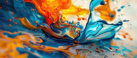 Poster - Vibrant abstract art depicting fluid dynamics and colorful paint splashes, showcasing beauty of chaos and spontaneity in creation