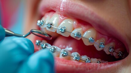 Poster - A dental professional is adjusting braces on a patients teeth in a bright orthodontic office. The focus is on the careful placement of brackets and wires.