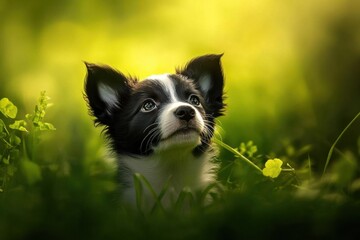 playful border collie puppy in green meadow, head tilted curiously, black and white fur catching sunlight