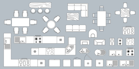 Furniture outline top view. Floor plan icons set for design interior and architectural project. Furniture thin line icon in top view for layout.