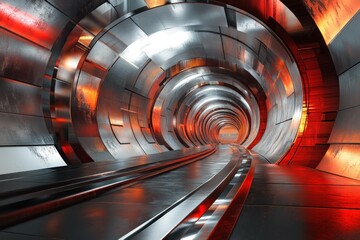 Canvas Print - Abstract metallic tunnel with vibrant red and silver colors, creating a dynamic and futuristic atmosphere, perfect for technology and design concepts