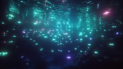 Wall Mural - underwater glow bioluminescent ocean scene