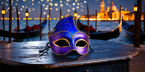 Wall Mural - violet Venetian mask with gold decorations