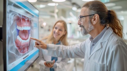Poster - Two dental professionals analyze detailed images of teeth and gums on a screen, discussing treatment options in a contemporary clinic environment filled with dental equipment.