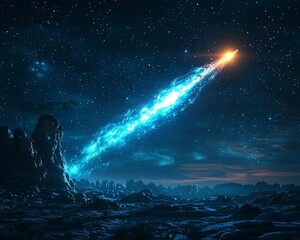 Wall Mural - glowing celestial comet streaking across pitch black night sky with illuminated stars