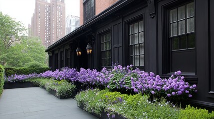 Canvas Print - Urban Garden Blooms Beside Dark Townhouse Facade