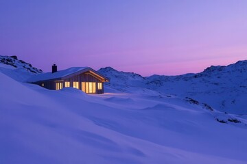Wall Mural - remote mountain cabin surrounded by deep snow at dusk, warm golden windows glowing against purple-blue twilight sky