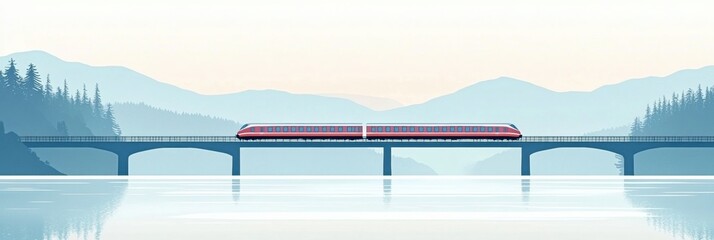 Poster - Train crosses a tranquil bridge over a silent river in a mountainous landscape during dawn. Generative AI