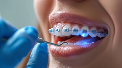 Fototapete - A patient receives dental care as a dental professional uses specialized tools to treat teeth fitted, with braces in a modern clinic illuminated by natural light.