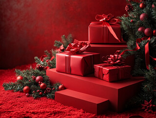 Wall Mural - a festive setup with red gift boxes adorned with ribbons and bows, placed on steps against a backdrop of red curtains and a Christmas tree decorated with ornaments.